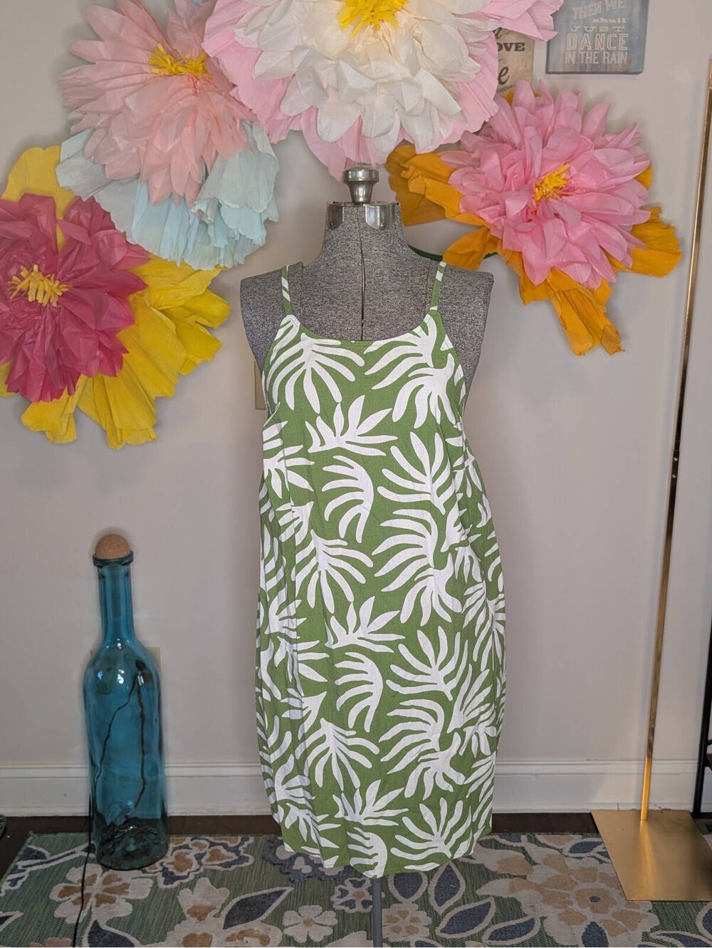 2069 - a.new day Green and White Leaf Print Adjustable Strap Dress XXL